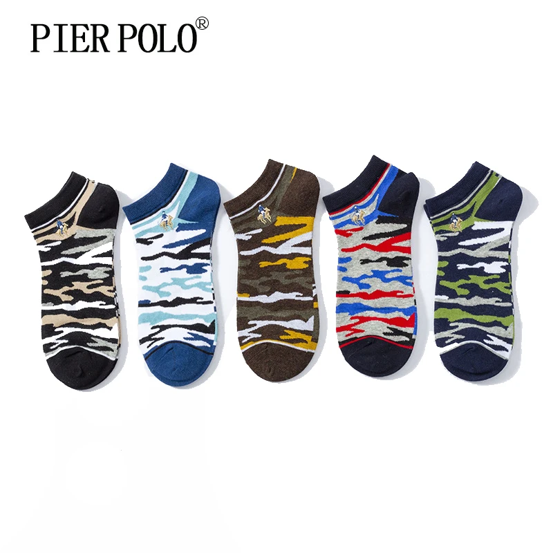 

High Quality 5 Pairs/lot PIER POLO Brand Men Socks Summer Fashion Camouflage Short Cotton Socks Men Funny Ankle Socks