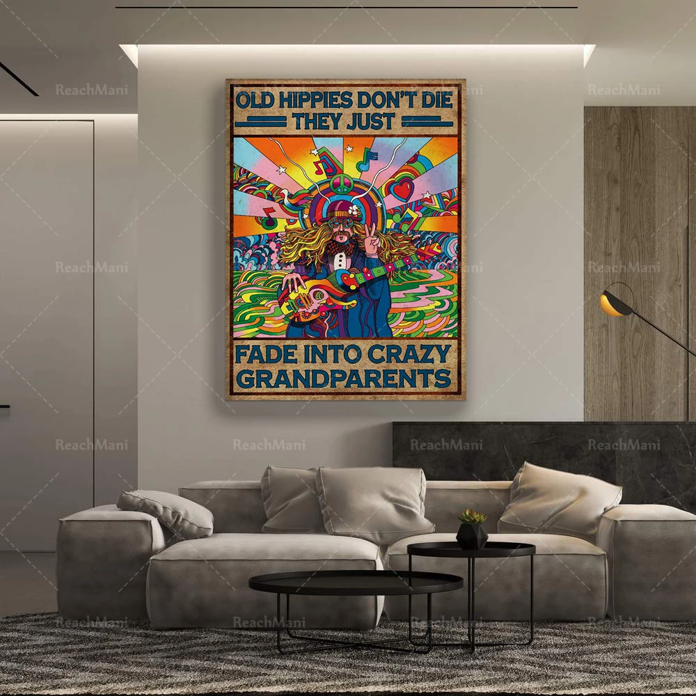 Music Poster, Old Hippies Don't Die Poster, Hippie Poster, Guitarist Gift Hippie Gift, Music Studio Art Hippie Wall Art For Home