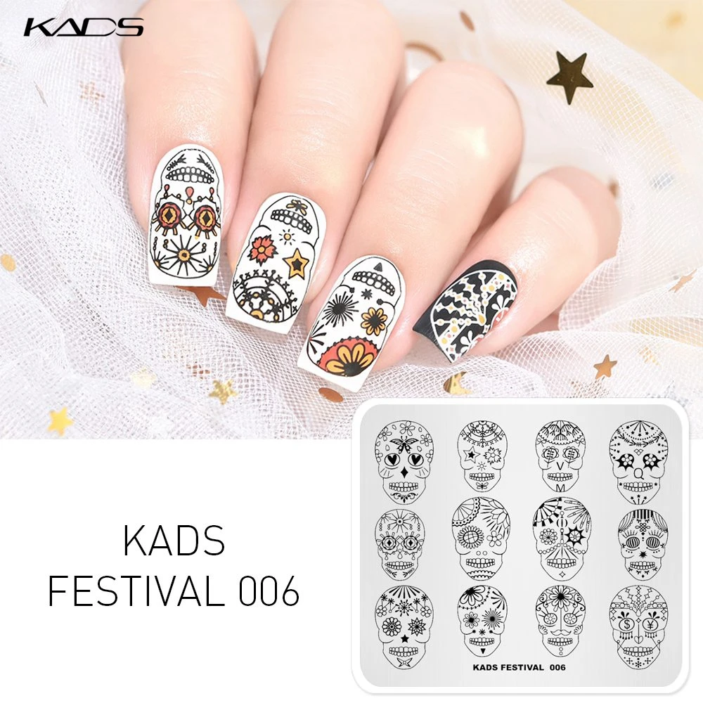 KADS-Plaque d'estampage d'ongles d'Halloween, modèle de crâne, images, galets pour nail art, timbre, vernis, design de festival