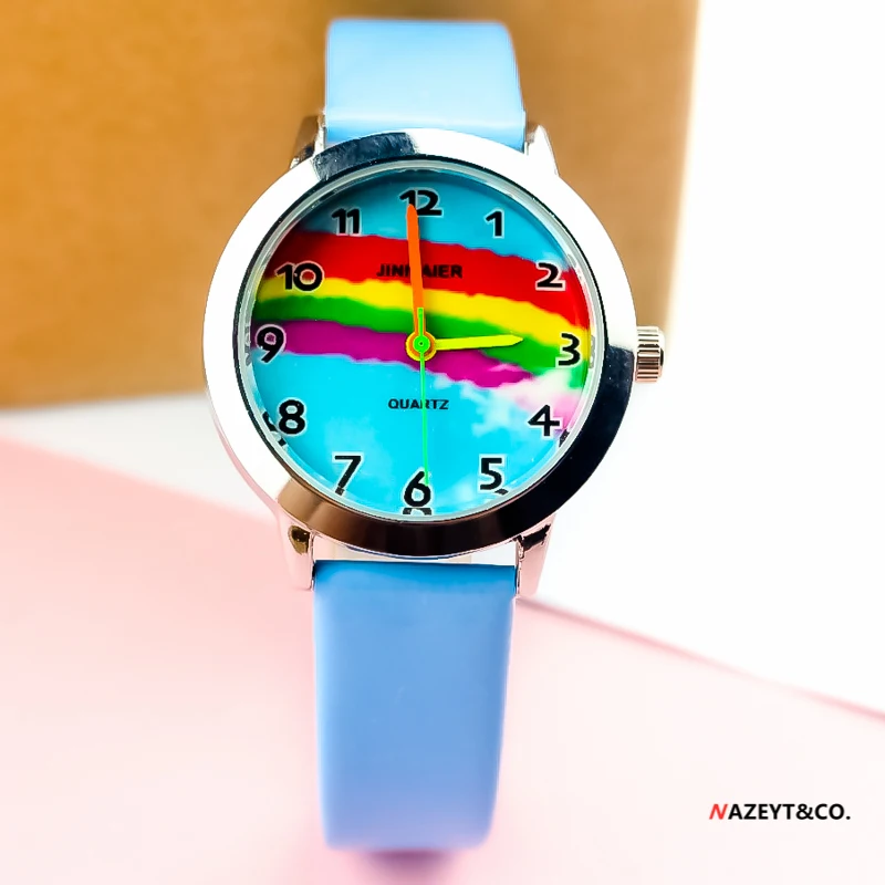 Little boys girls colorful PU leather watch children kids beauty rainbow dial easy learn time quartz Arabic no. gift clock