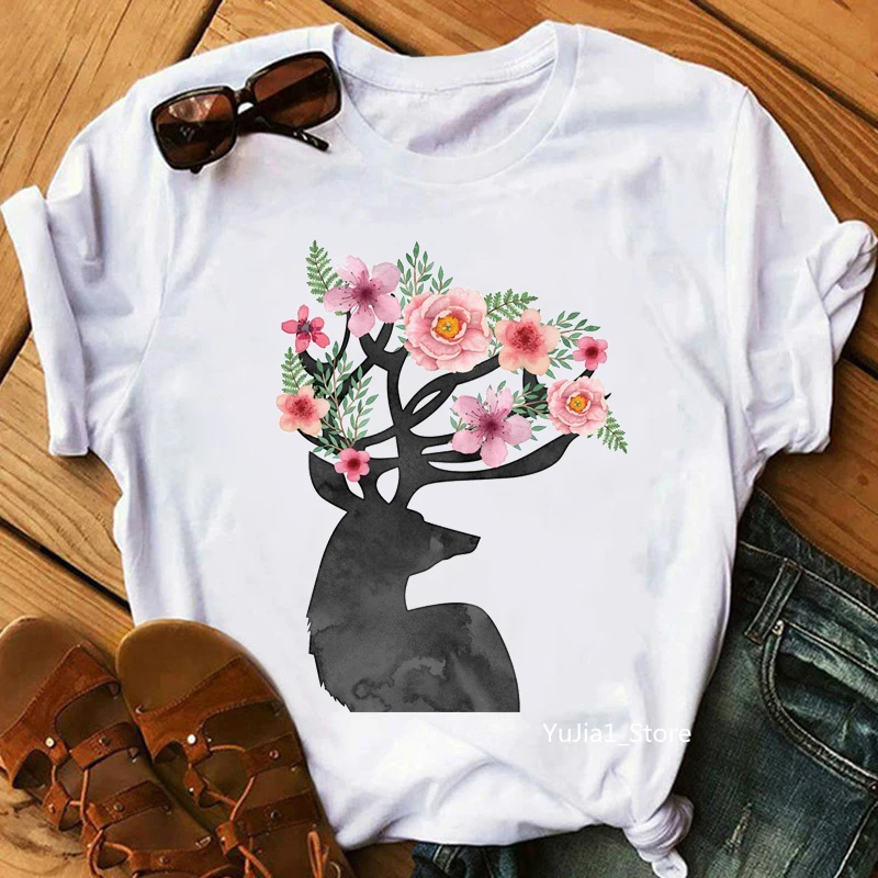 2024 Watercolor Antlers Art Print Women'S T-Shirt Nature Woodland Forest Flowers Tshirt Femme Summer Fashion T Shirt Female