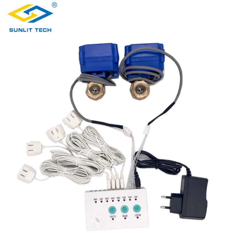 Water Leakage Control Unit WLD-808 (2pcs DN15 Valves) and 4pcs Water Cables for Water Flood Overflow Protection Against Leaking