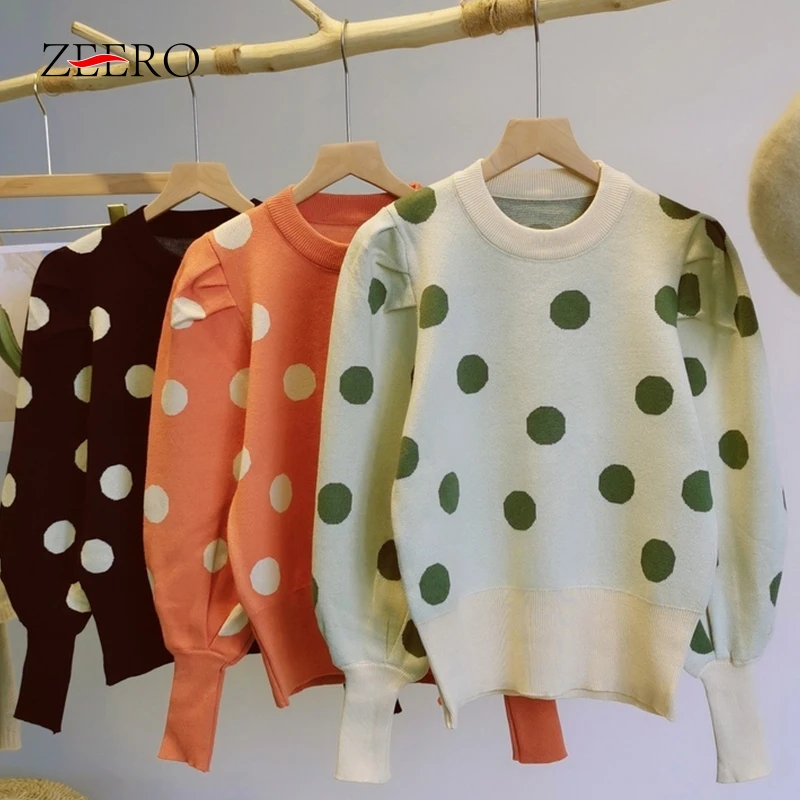 

Korean Autumn Knitted Women Loose Dot O Nekc Lantern Sleeve Sweater Pullover Tops Female Casual Solf Warm Winter Vintage Sweater