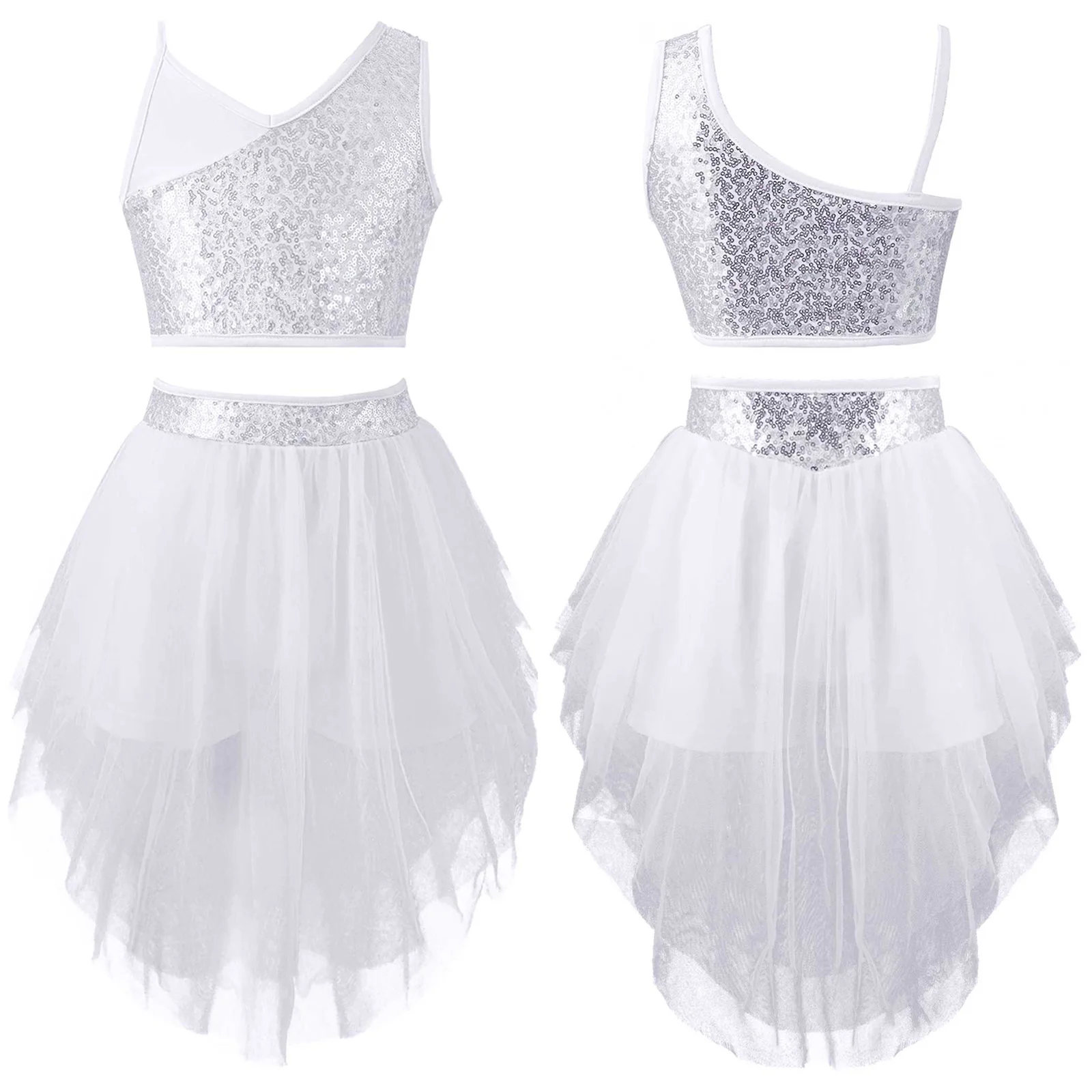 Kids Girls Ballet Dance Dress Outfit Rumba Salsa Sequins Crop Top With Mesh Tutu Skirt Set For Jazz Ballroom Dance Performance