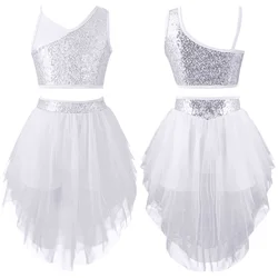 Kids Shiny Gymnastics Ballet Leotard Dress Girls Sequins Crop Top with Skirt Tulle Latin Lyrical Stage Performance Dance Costume