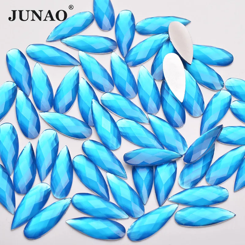 JUNAO 8*22mm Neon Blue Teardrop Rhinestone Flat Back Resin Applique Crystal Stone Non Hot Fix Strass Clothing Accessories Craft