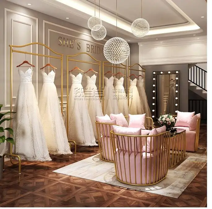 Wedding dress hanging rack Wedding dress shop display rack floor-to-floor cheongsam dress hanging hanger golden iron