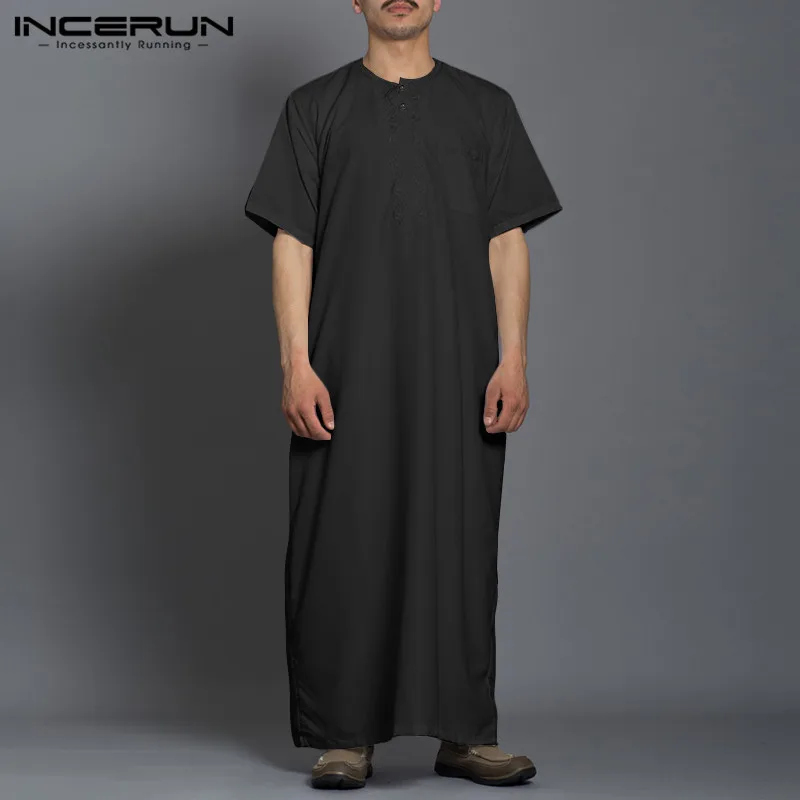 INCERUN Men Fashion Long Robes Short Sleeve Round Neck Robe Man Vintage Solid Color Muslim Kaftan Long Shirts Casual Jubba Thobe