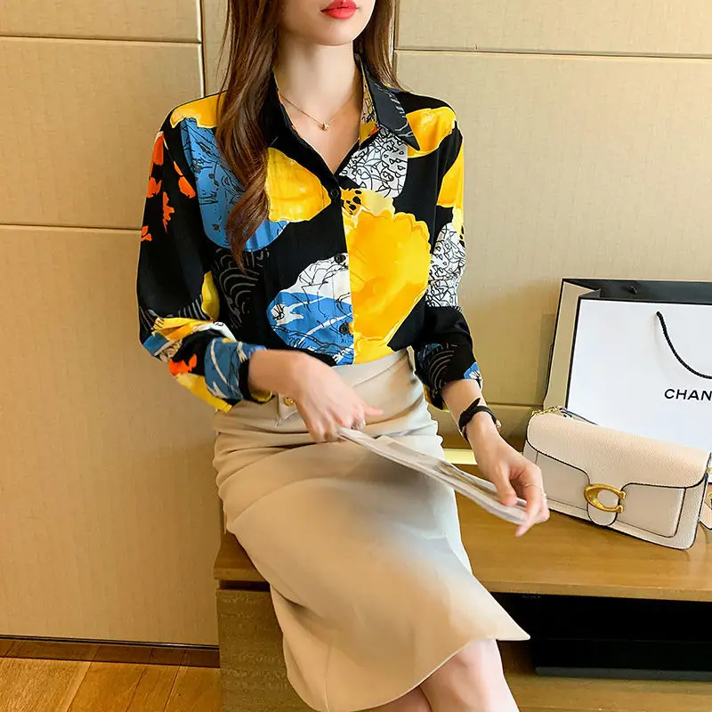 Fashion Chiffon Sring Summer Shirts Women Long Sleeve Print Korean Blouses Loose Stylish Mujer Polo-Neck Tops Blusas MM0564