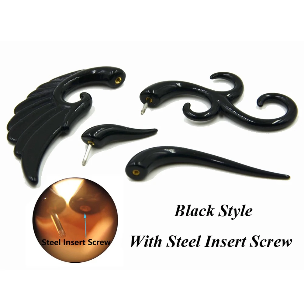 1Pair Black Acrylic False Ear Expander Stainless Steel Asymmetric Snail Spiral  Irregular Wings Ear Taper Punk Style Earrings