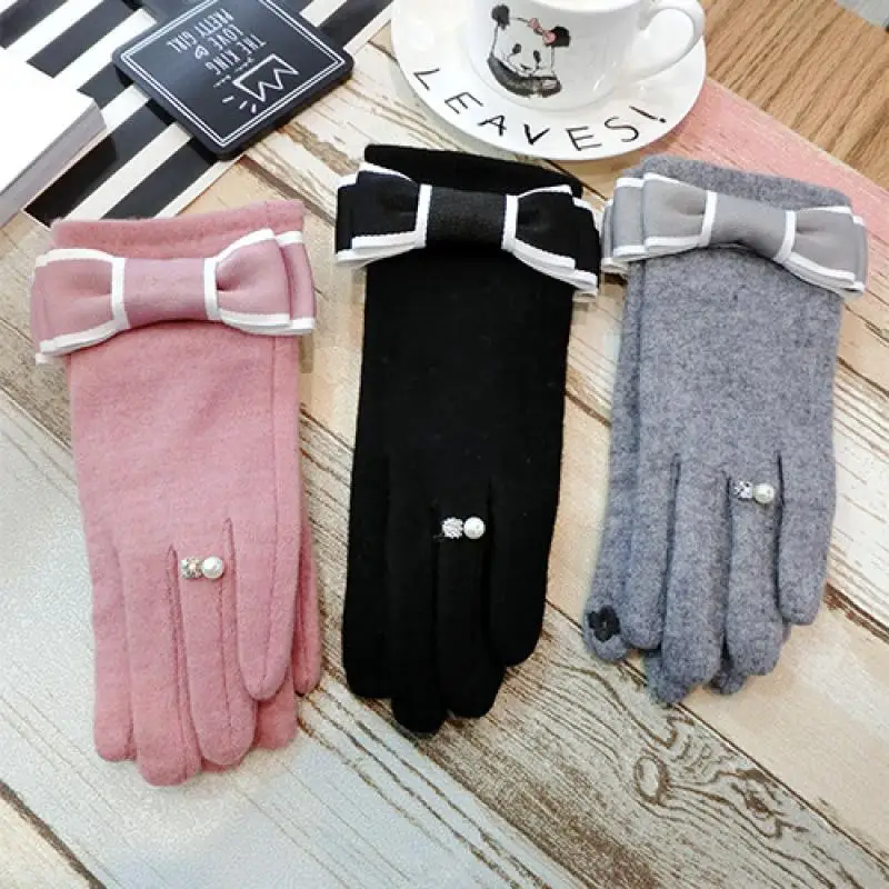 Ring Cashmere Bow-Knot Side Finger Gloves Xiaoxiangfeng New Korean Fashion Winter Thickening Warm Touch Screen Gloves