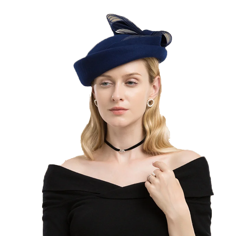 Black Wool Wedding Hat Fascinator Cocktail Hats For Women Elegant Blue Red Winter Church Fedora Bow Ladies Formal Pillbox Cap