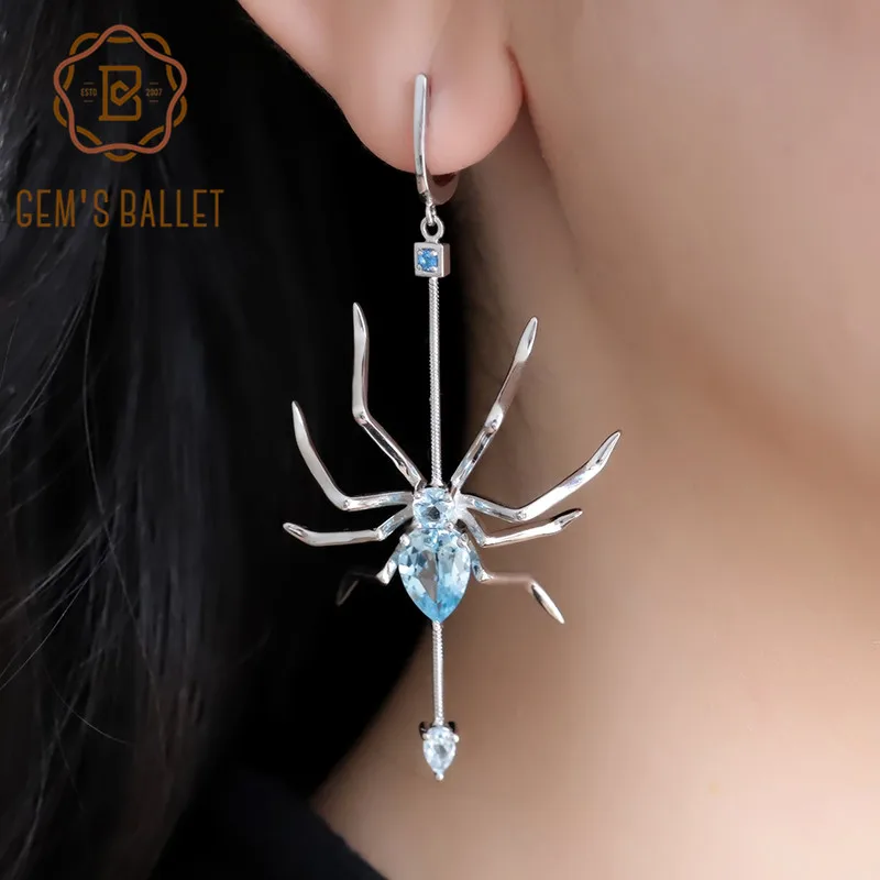 GEM'S BALLET Natural Sky Blue Topaz Spider Drop Earrings 925 Sterling Silver Gemstone Punk Hyperbole Earrings For Women Party