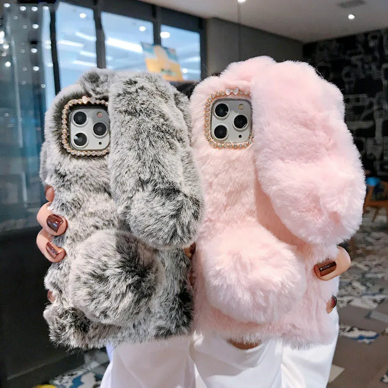 Plush Warm Case For iPhone 12 11 Pro Max XS Max XR X Cute Long Rabbit Ears Furry Fluffy Fur Cover For iPhone 6 6S 7 8 Plus