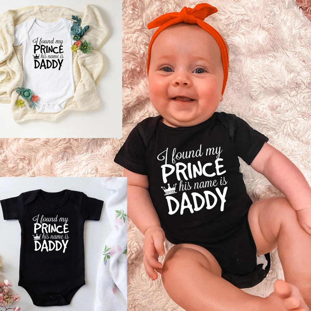 I Found My Prince His Name Is Daddy Print Autumn Newborn Body Short Sleeve Rompers Girl Baby Girl Black Roupas Bebe Clothing