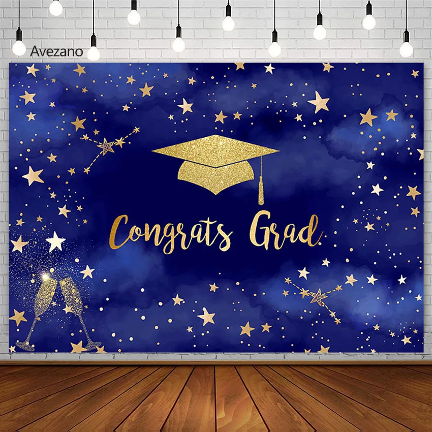 Avezano Graduation Photography Background Students Party Banner Blue Golden Hat Glitter Backdrops Photo Studio Photozone Decor