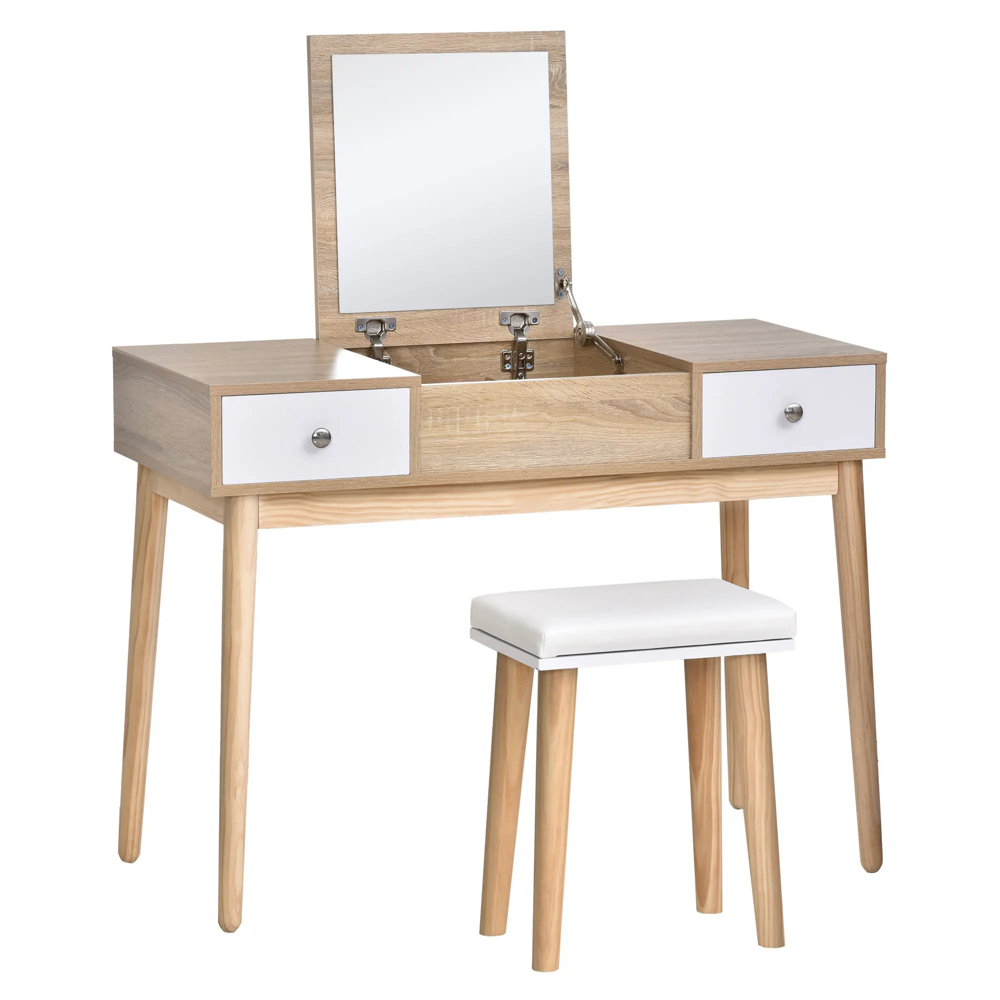 HOMCOM dressing table with folding mirror makeup table with padded stool soft cushion compartments Natural Color