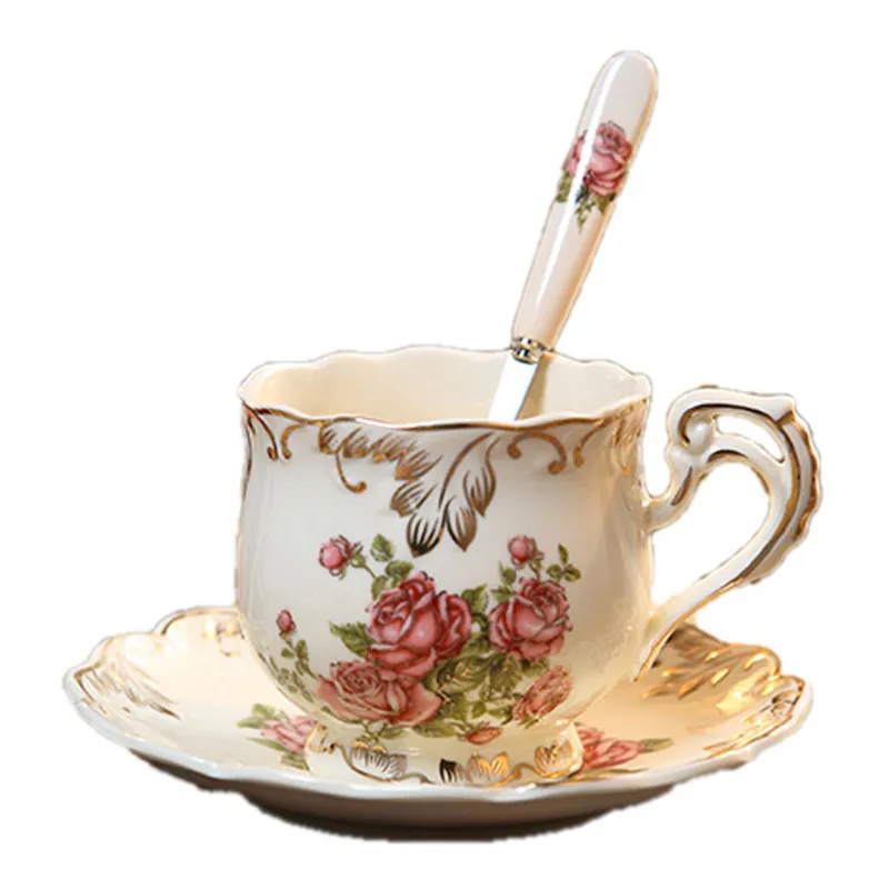 

Hot Selling European Ceramic Coffee Cup Set Water Cup Cup Saucer Hand-painted Rose Ceramic Tea Cup and Spoon Afternoon tea gift