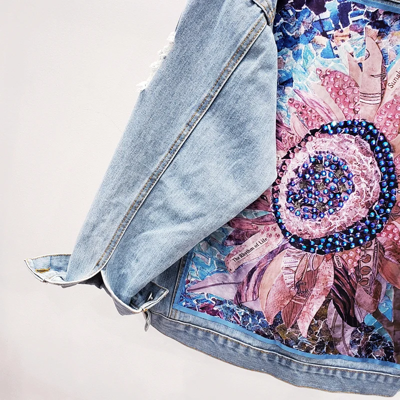 Vrouwen Denim Jas vrouwelijke Lente Herfst Boho Pailletten Bloemen Applicaties Borduren Jas Lange Mouw Bovenkleding Vrouwelijke Veste femme