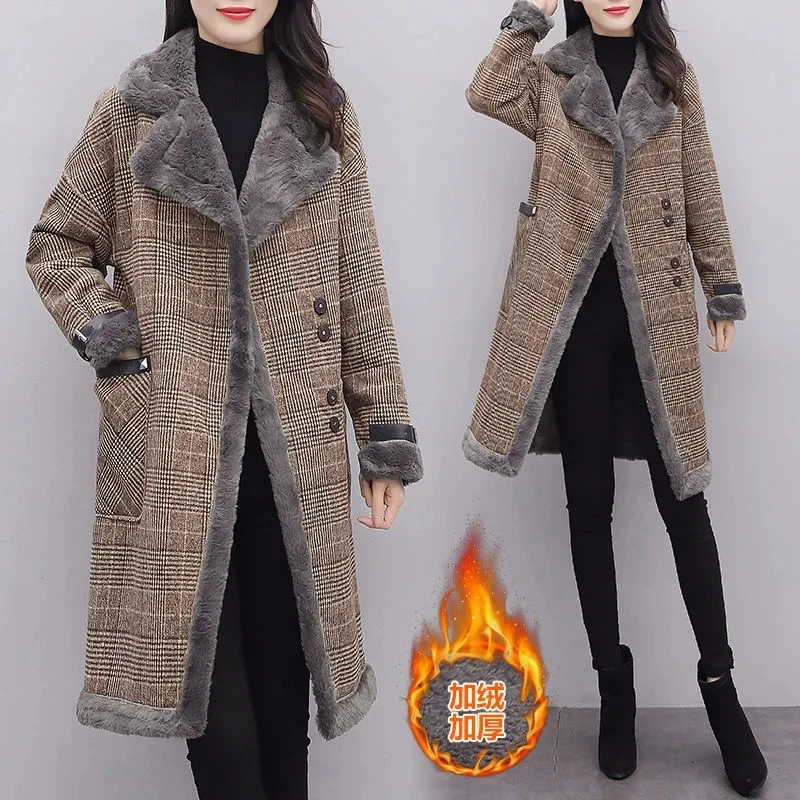 2023 Autumn Winter Long Woolen Jackets Women\'s Clothing Velvet Fur Collar Cold-Resistant Warm Coat Plaid Parka Female