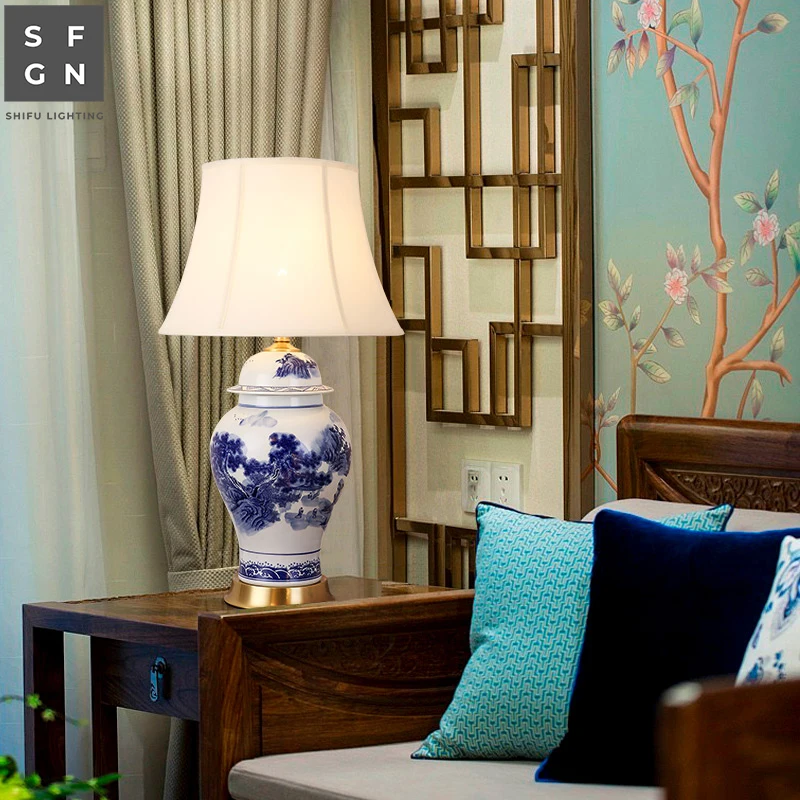 Copper Table Lamp Bedside Jingdezhen Ceramic Chinese Style Decorated LED Table Lamps for Living Room Bedroom