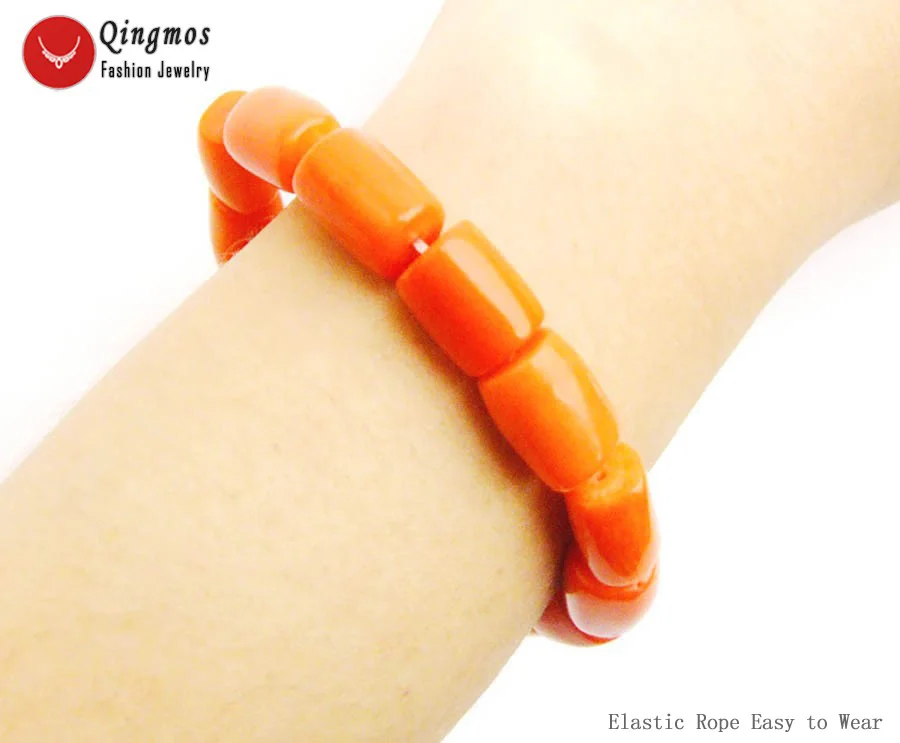 Qingmos Natural Coral Bracelet for Women with Orange GENUINE 10-11mm Thick Slice Coral Elastic Bracelet Jewelry bra142 Pulseira