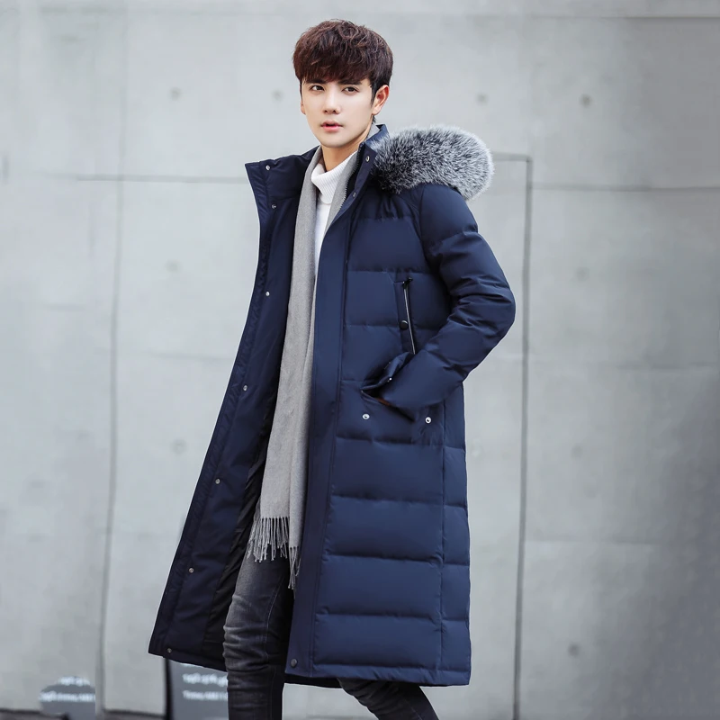 

Winter Men's Big Fur Hood Knee Length Puffer Jackets Fashion Thick Warm 90% White Duck Down Padded Overcoats Male JK-1788