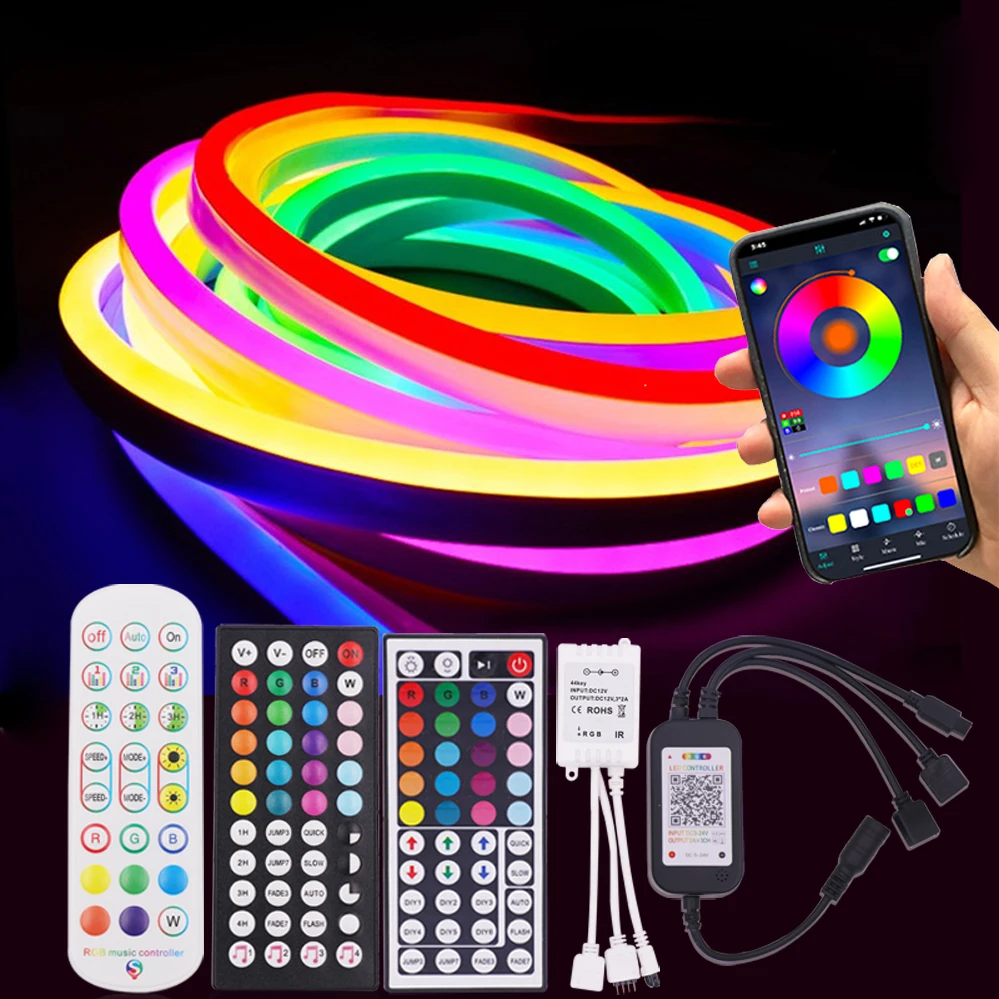 

12V LED RGB Neon Strip Waterproof Silicone Light Rope 108LED Dimmable Tuya Smart Wifi Bluetooth APP IR Remote Control Decoration