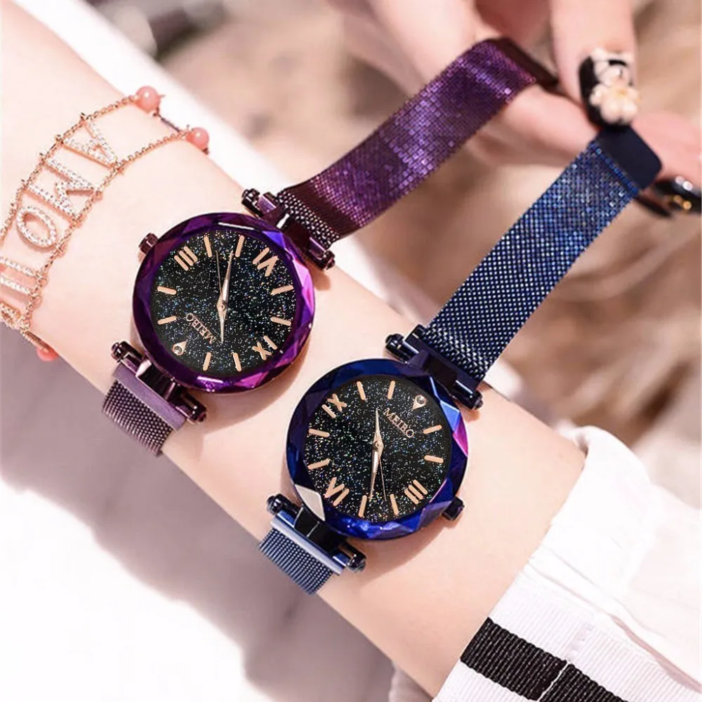 Women Mesh Magnet Buckle Starry Sky Roman Numeral Watch Pretty Plush Ladies Geometric Surface Quartz Watches Relogio Feminino