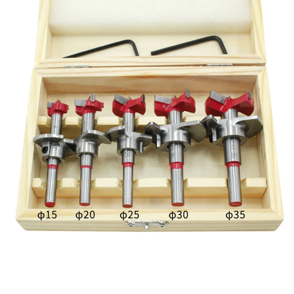 5pcs Forstner Auger Drill Bit Set Dia 15 20 25 30 35mm Wood Cutter Hex Wrench Woodworking Hole Saw For Power Tools Wooden Box