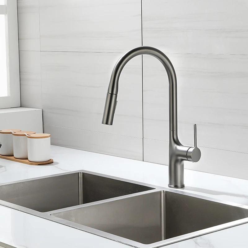 New Design Gray Brushed Kitchen Pull Out Water Tap Swivel Spout Sink Faucet 360 Degree Rotation Cold and Hot Mixer Tap Gray Colo