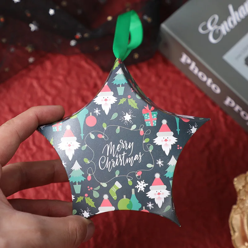 

European Style Christmas Candy Packaging Box New Christmas Gift Box Portable Strap Design Five-pointed Star Gift Packaging Box
