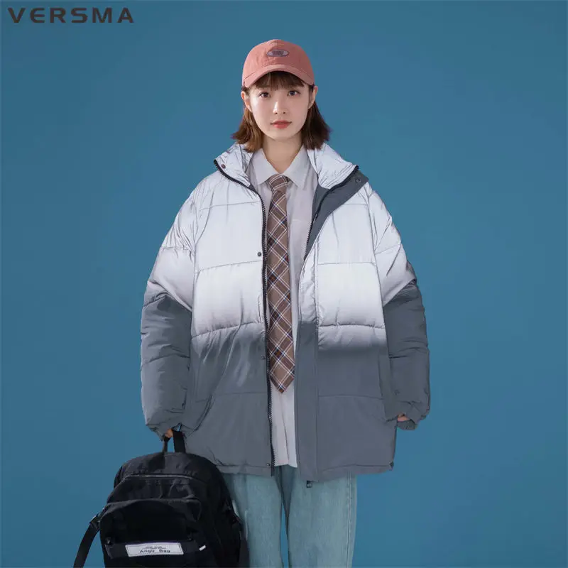 VERSMA Korean Harajuku Cotton Padded Warm Reflective Winter Jacket Coat Men Black Loose Hooded Thick Couple Jacket Men Parka 4XL