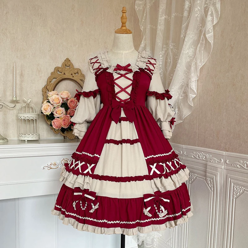 

Japanese Girlish Lolita Red Retro Lace Dress Tea Party Women Long Skirt Cosplay Costume B