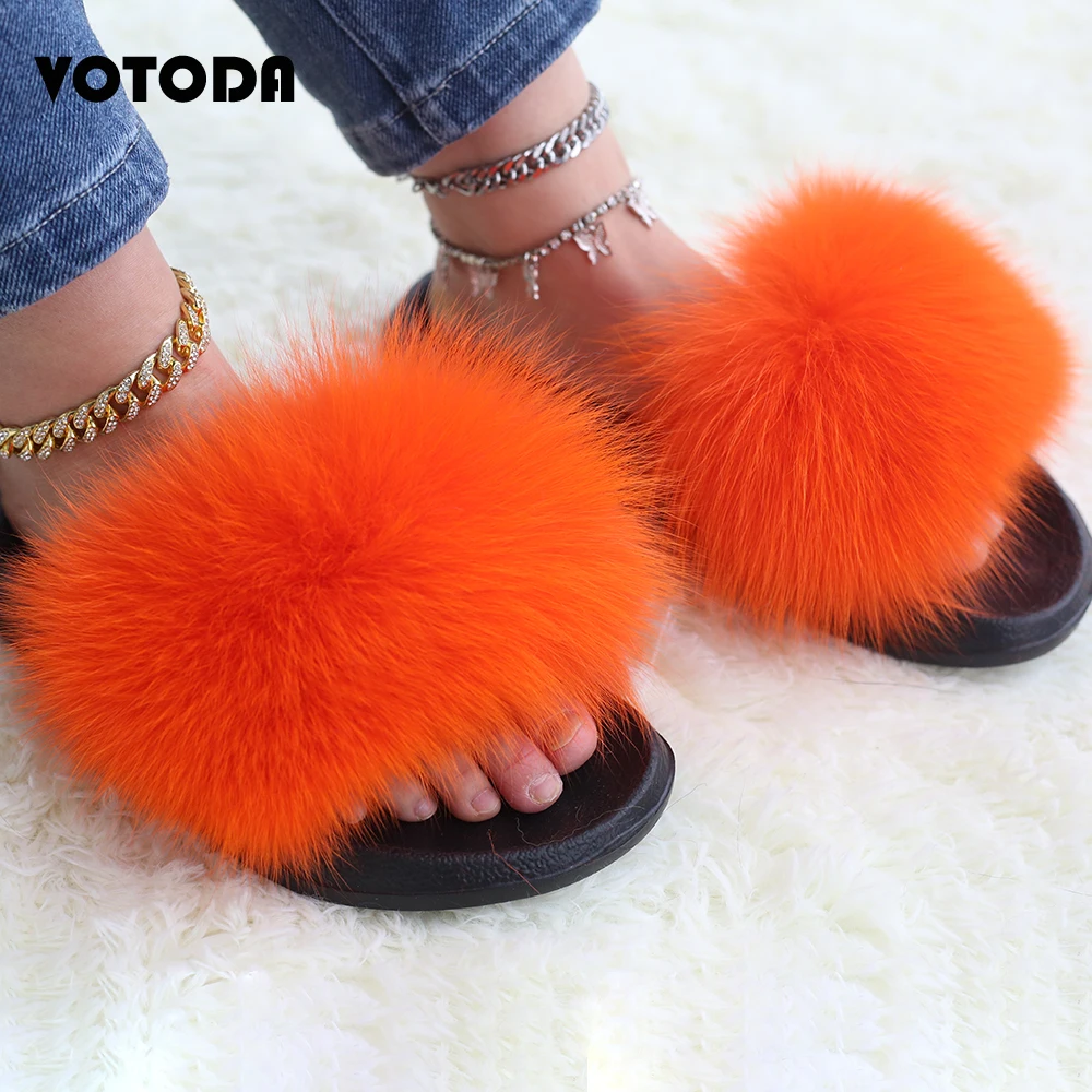 New Fluffy Faux Fur Slides Women Fur Slippers Furry Raccoon Sandals Faux Fox Fur Flip Flops Home Soft Woman Casual Plush Shoes