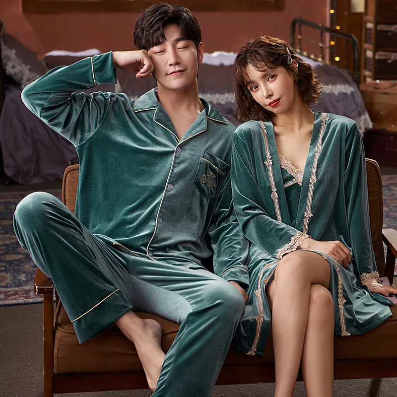 Autumn Winter Velvet Couple Lovers Pajamas Women Velour Robe Sets Sexy Nightwear Sleepwear Men Long Sleeve Pyjamas