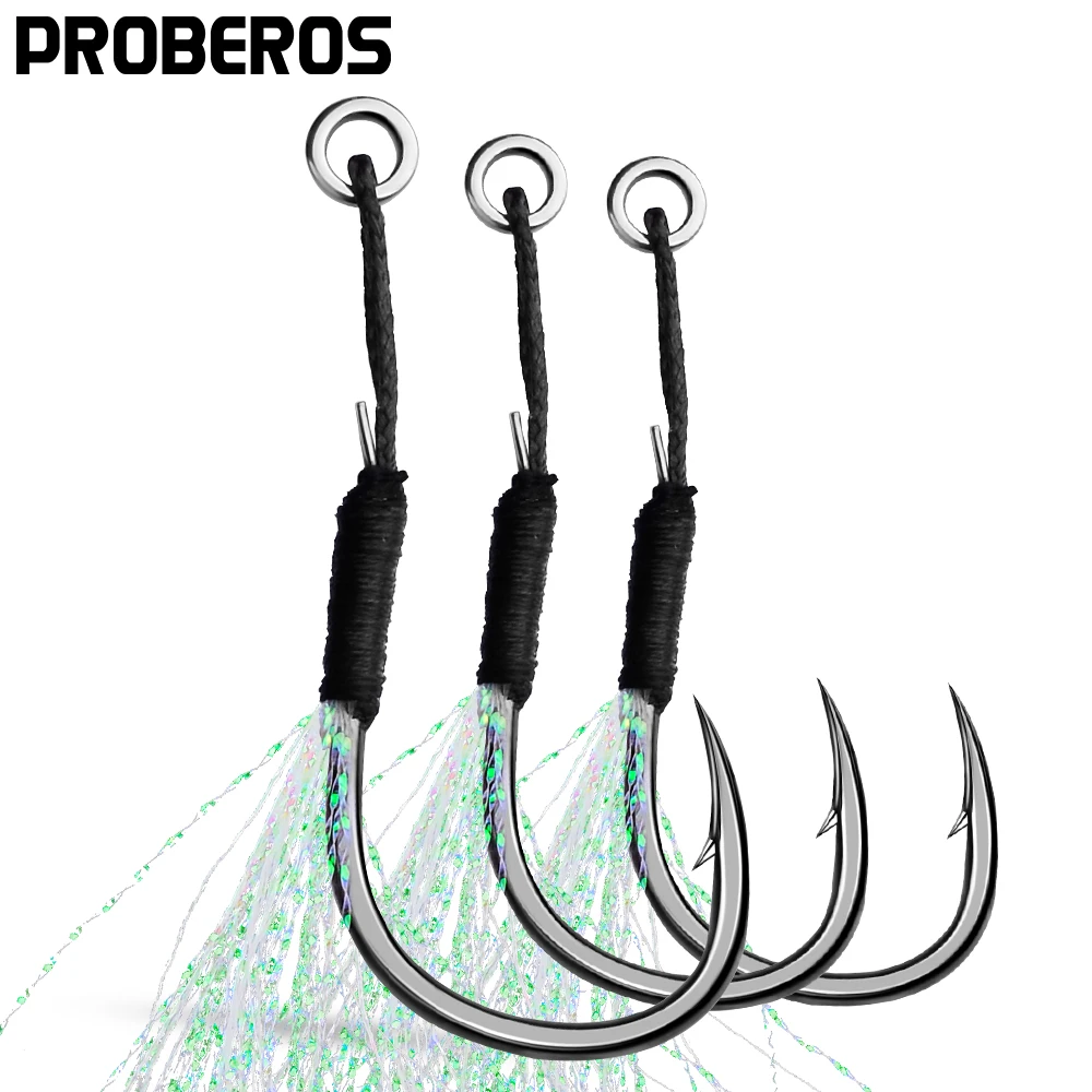 

PROBEROS 100Pcs Metal Jig UV Light Assist Hooks 11-19# Jigging Spoon Fishhooks With PE Line Feather Solid Ring Fishing Hooks