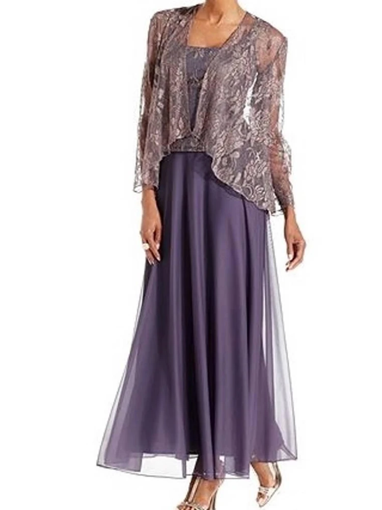 Lavender Lace Chiffon Ankle Length Mother of the Bride Dress with Jacket Bolero Long Sleeve Wedding Party Guest Evening Gowns