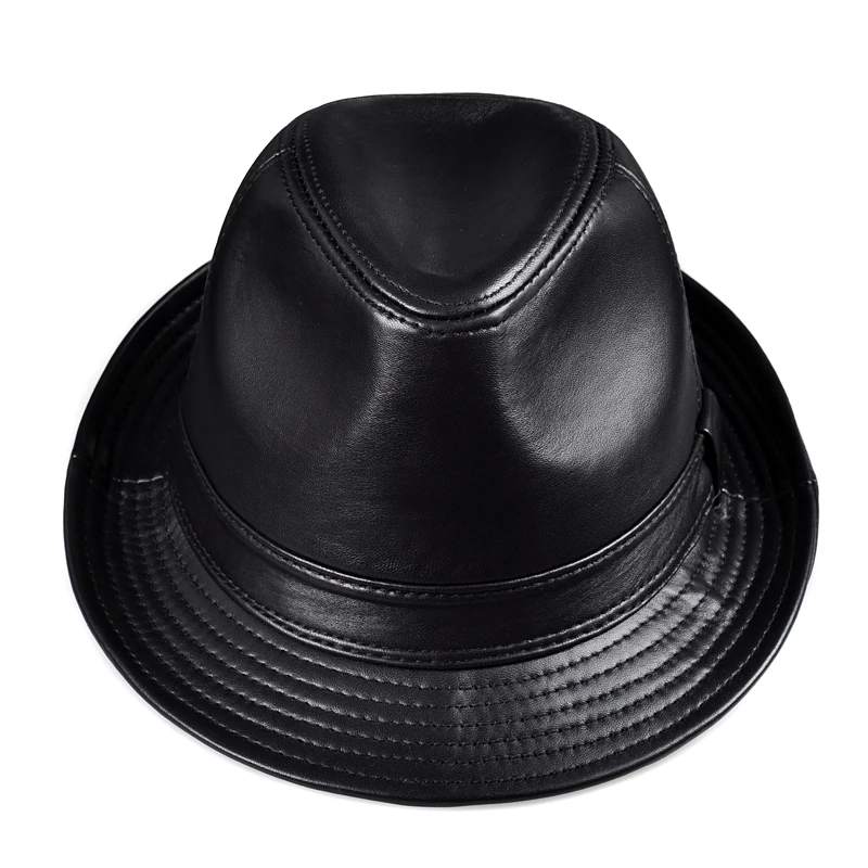 Autumn and winter men\'s leather hat big brim hat man jazz hat gentleman top hat sheepskin hat casual middle-aged and elderly