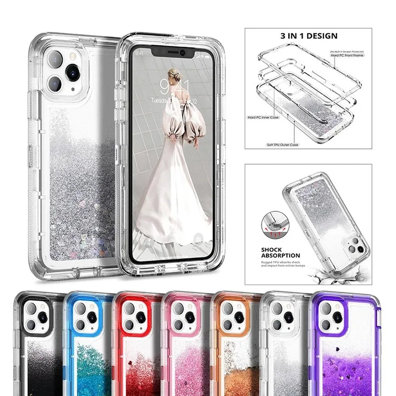 Capa para Telefone Híbrida 3D Glitter Armor, Areia Movediça, Dinâmica, iPhone 15, 12, 11, 13, 14 Pro Max, Mini, SE, 6, 8, 7 Plus, X, XS, XR