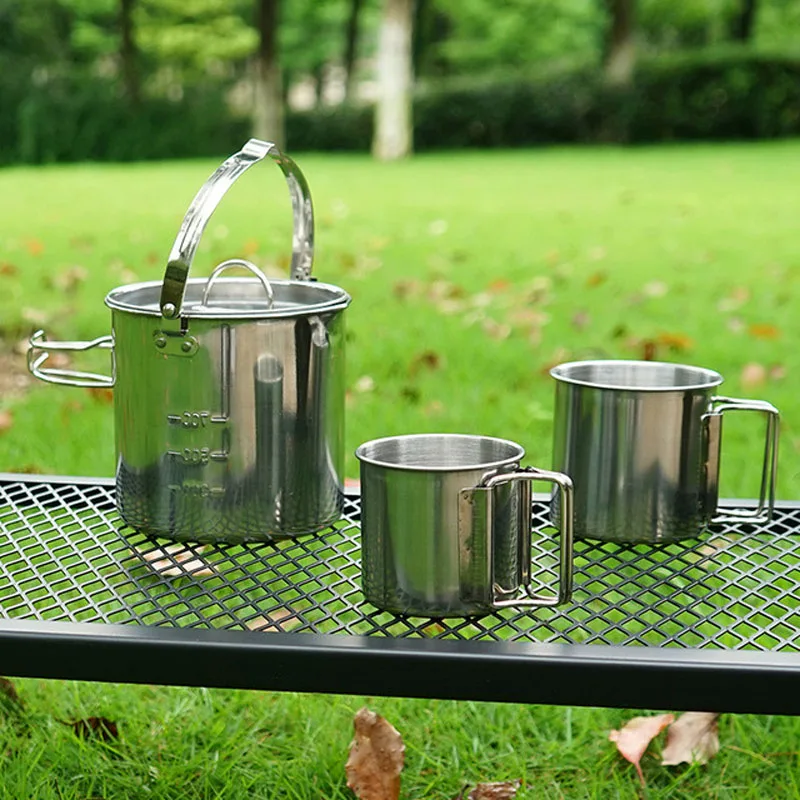 Outdoor Stainless Steel Kettle Tableware 5-piece Set Camping Cookware Hanging Pot Water Cup Set 2-3 People Hanging Kettle