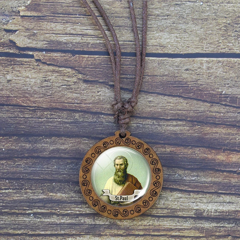 Christian Saint Jewelry St Michael St.therese Glass Cabochon Wooden Pendant Necklace Retro Adjustable Rope Chain Necklaces Gifts