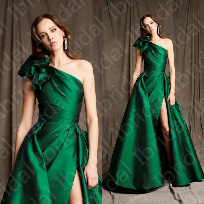 Vestidos de noite plissados sem mangas com arco, comprimento total, um ombro, vestidos de casamento, Side Split, Green Prom, Hot Sale, 2023