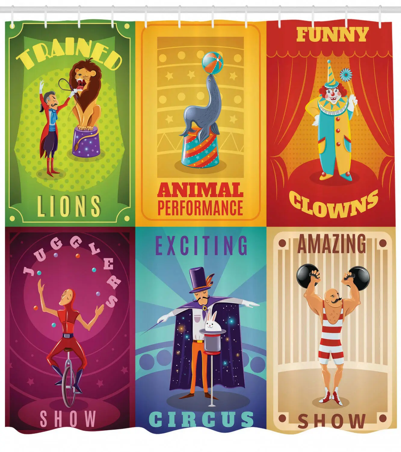 Colorful Shower Curtain Retro Circus Animals Print for Bathroom