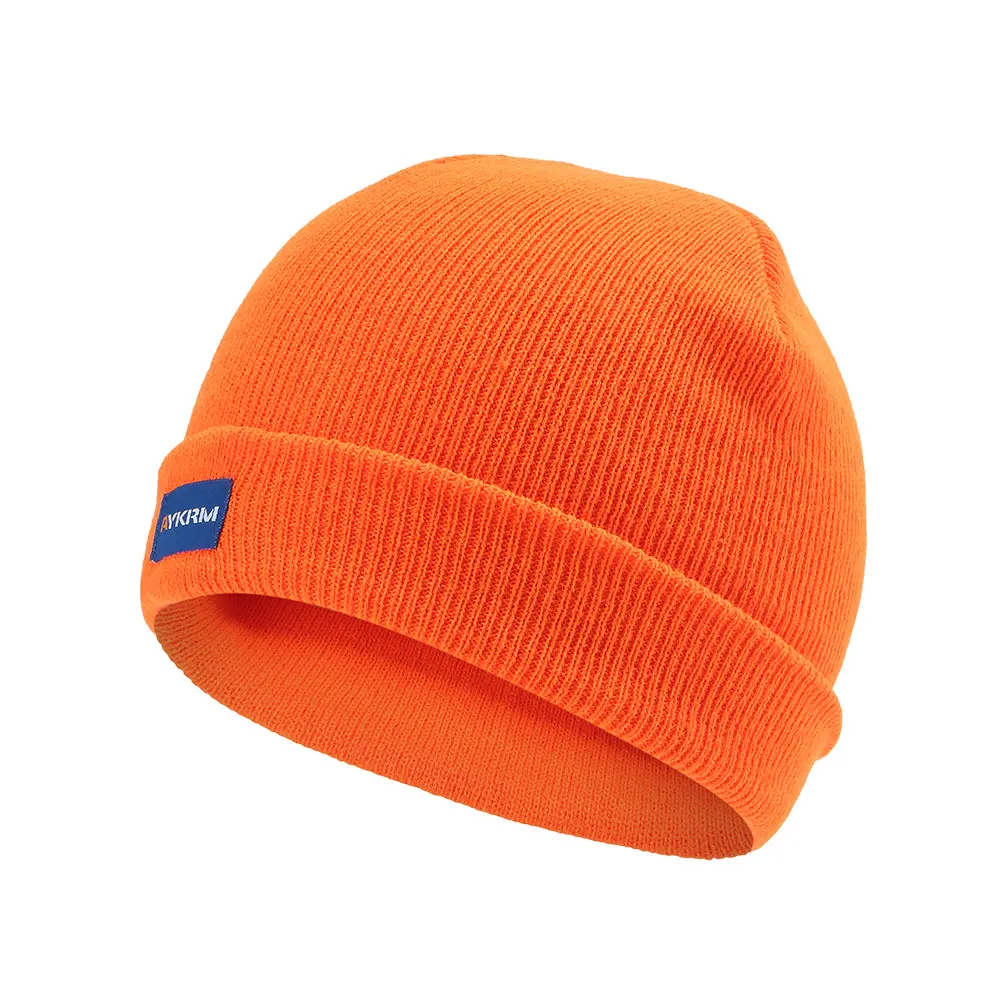 AYKRM Daily Knit Ribbed Beanie Cap Bright Solid Acrylic Cuff Fluorescence Hat Winter Skull Orange Brown Black Neon Yellow Green