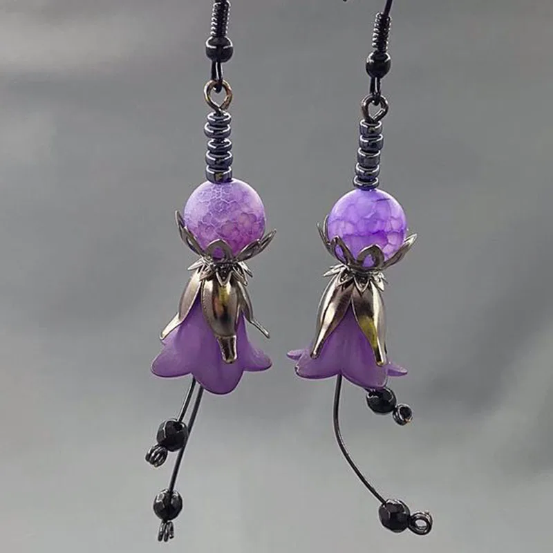 Gothic Purple Flower Earrings - Frosted Flower Bud Earrings - Agate Earrings