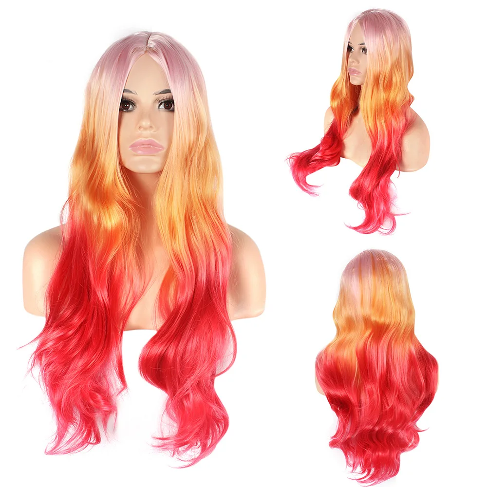 Similler Long Synthetic Wig for Women Wavy Hair Ombre Multicolor Cosplay Wig Central Part Gold Orange Rose Red 3 Tone