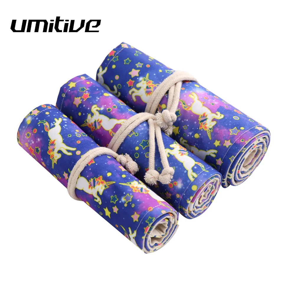 Umitive 1Pcs Canvas Student Painting Curtains Creative Gift For Girls Cute Pen Bag Stationery Pencil Bag Rolled School Supply