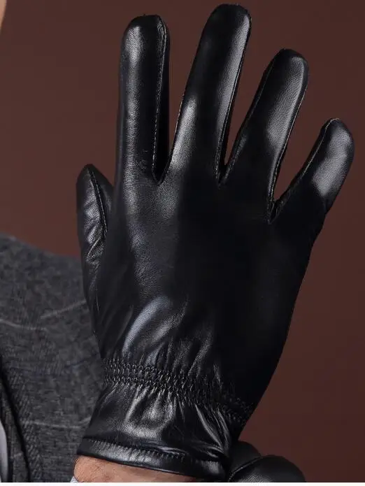 Winter Men Genuine Leather Gloves Plus Velvet Touch Screen Ride Thick Black