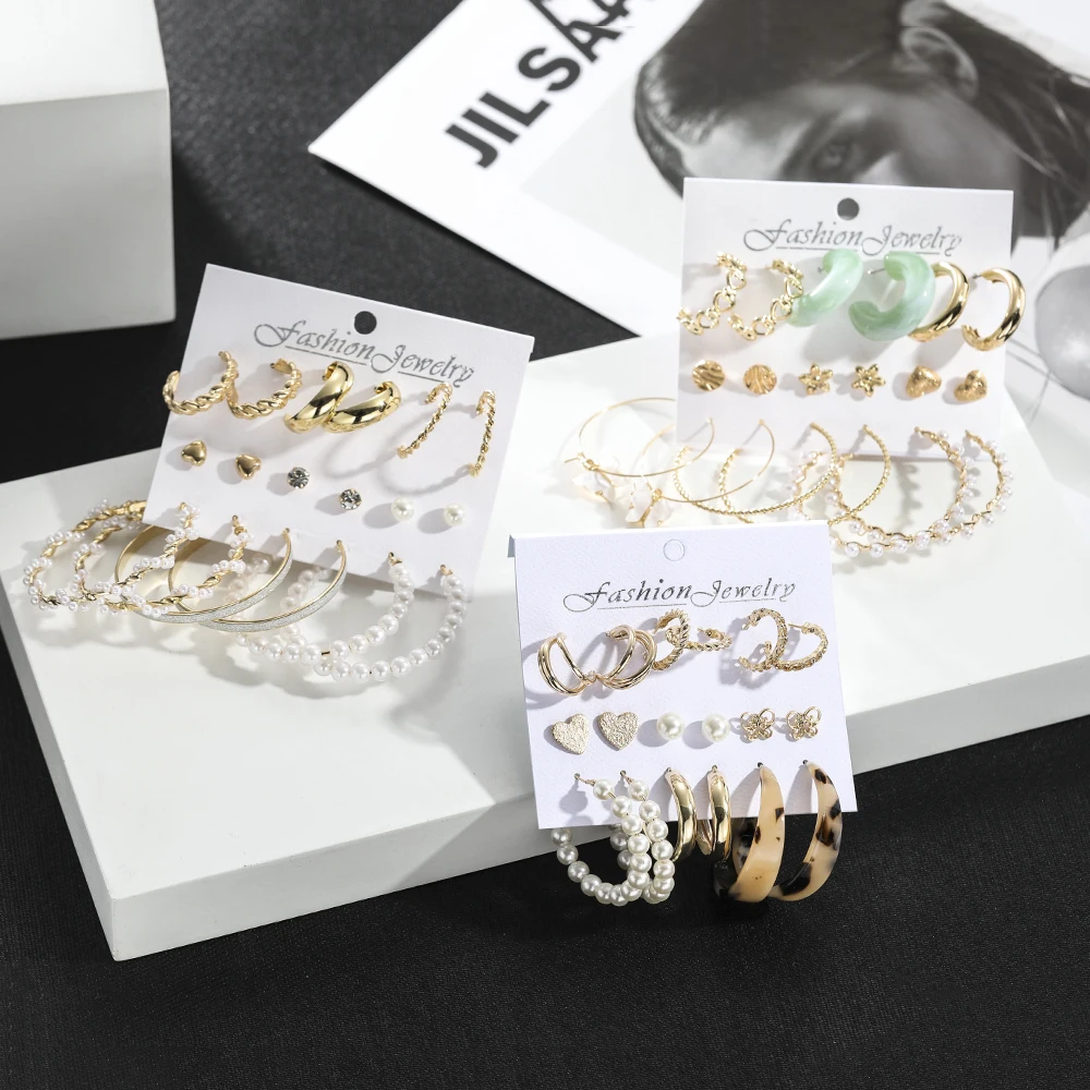 6/9 Pairs كبير هوب اللؤلؤ طقم من الحلقان موضة المعادن القرط فراشة دائرة هندسية خمر القرط للنساء مجوهرات 2021